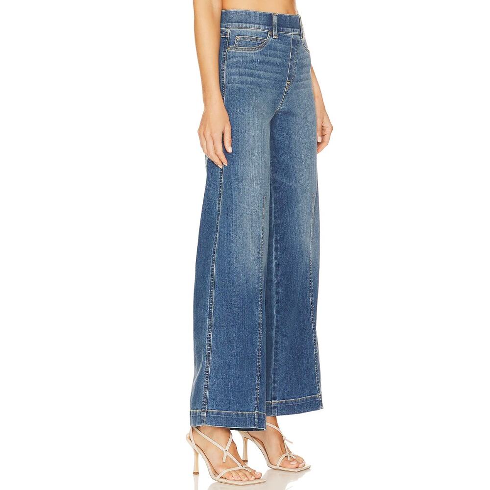 Spanx Jeans Large Seamed Front Wide Leg Vintage Indigo Denim Blue Casual Boho